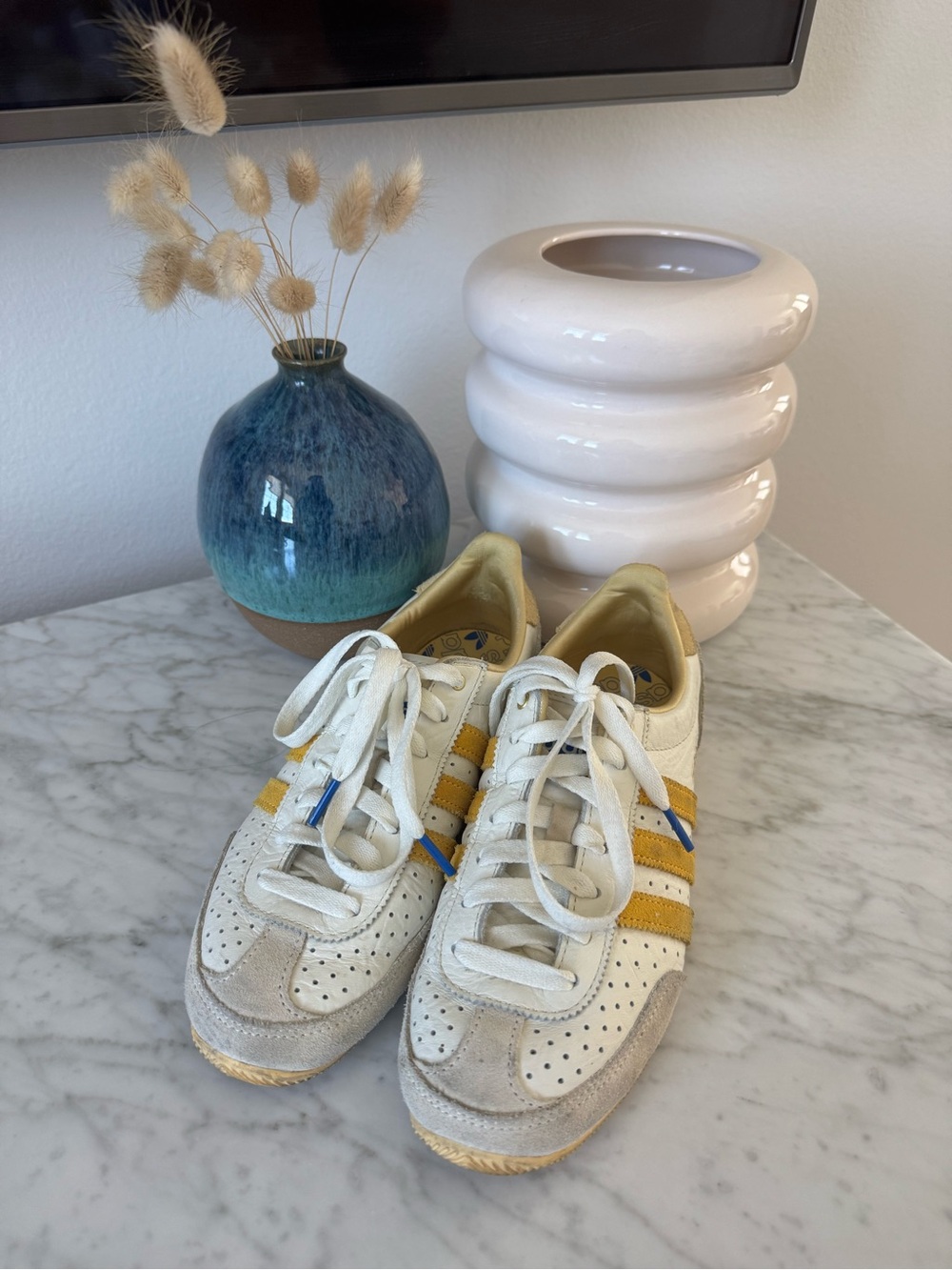 Adidas Japan Retro White Sneakers with Yellow & Blue Stripes